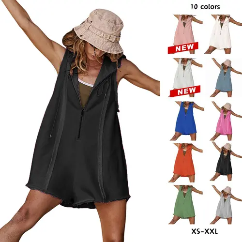 Yeokou Women's Sleeveless Hooded Half-Zip V-Neck Loose Shorts Jumpsuit with Pockets, Athleisure Style Minimalist Basic Workout Jumpsuit for Summer Casual Fitness Outfits,summerwins,summeroutfits,vacationoutfits,bathingsuitwomenset,beachoutfits