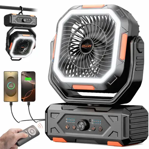[SummerWins]OGERY 2026 Upgraded Camping Fan, 30000mAh Rechargeable Fan with LED Lights & 270° Pivot, Remote Control Shaking Head Desk Fan for Tent Travel Home Multifunction Outdoor Activities summerwins
