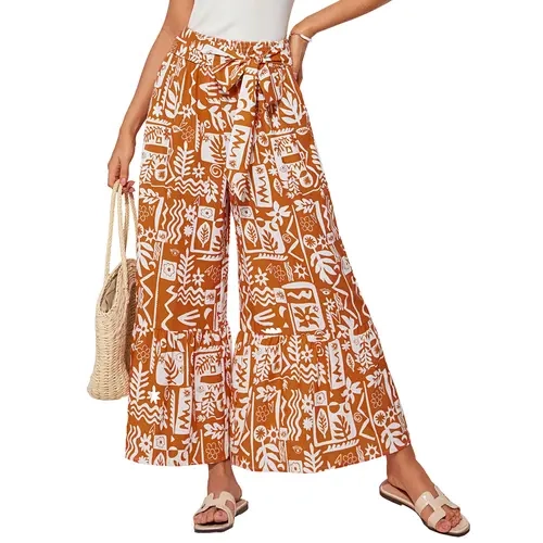 Grace Karin Women's High-Waisted Baggy Boho Beach Palazzo Pants - Printed, Flowy Polyester Blend with Side Pockets for Summer Vacation