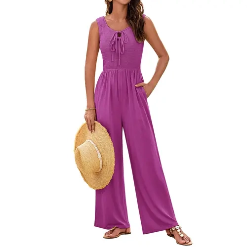 Grace Karin Women's Styling Overalls Jumpsuit - Sleeveless Top Women, Polyester-Elastane-Viscose Blend, Bow Tie Front, Ruched Bodice, Full-Length Wide-Leg Pants with Pockets (Womenswear Suits & Sets)