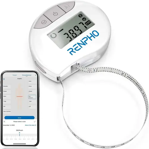 RENPHO RF-BMF01 Digital Tape Measure - 2.6''x2.4'', 60"/150cm Max Length, Auto-Retractable, Bluetooth App Trend Logs, Auto Timer, Circumference Mode, ABS+PC, Batteries Built-In, Inch/Cm, Ideal for Bodybuilders (Gym Gift)