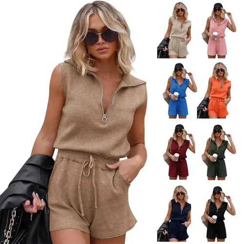 Imily Bela Women's Casual Sleeveless Short Rompers Summer Half Zip Lapel Collar Drawstring Knit One Piece Jumpsuit with Pockets Springtok