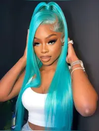 【Black Friday】Mint Green 28-Inch Smooth Straight Synthetic Lace-Front Wig with HD Lace and Pre-Parted Style, Fashionable for All Seasons