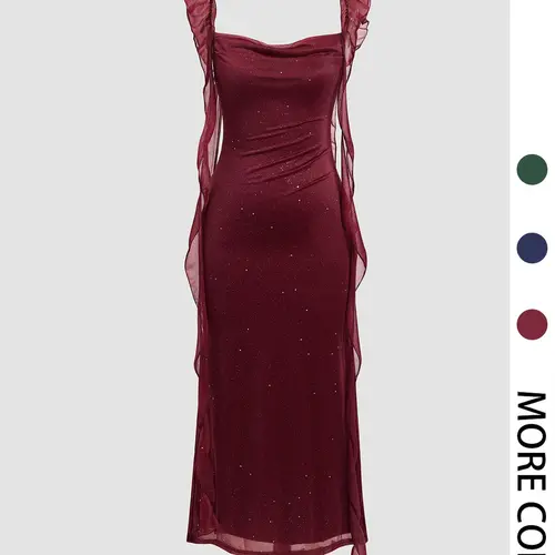 Women's Solid Color Glitter Ruffle Trim Formal Dress, Prom Dress, Date Night Dresses, Elegant Sleeveless Dress for Party Club Dating Wear, Ladies Clothes for All Seasons, Womenswear