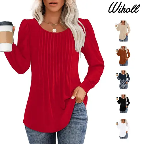 WIHOLL Women's Long-Sleeve Crewneck Pleated Hip-Cover Tunic Blouse Shirt - Stretchy 5% Spandex-Rayon-Polyester Fabric, Lightweight, Soft, Breathable, Basic Minimalist Plain Clothes, Casual Chic Fall Wardrobe Staples for Leggings, Layering