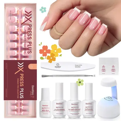 Beetles X Press Plus French Press On Nails Tips Kit, French Nail Pink Brown Short Square Almond Shape Natural Acrylic Nail Tips Effortless Beauty & DIY Manicures - mothersdaygift Spring Nail Summer Nail Vacation Nail #SummerVibes