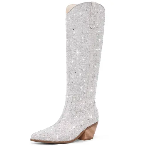 RONILURN Women's Knee-High Multicolor Rhinestone Western Cowgirl Boots, Block Heel Polyester Footwear with Side Zipper, All-Seasons Sparkly Cowgirl Booties for Evening, Party