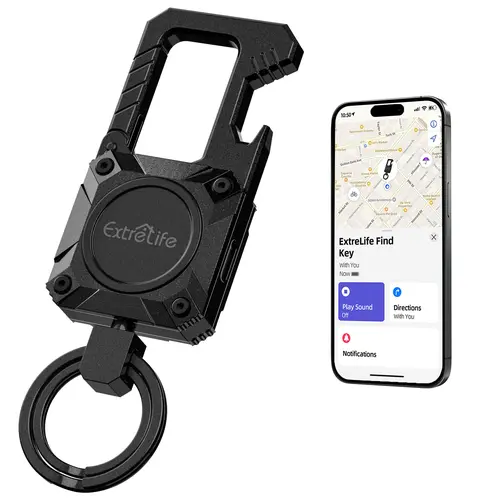 Smart Tracking Tag Keychain iOS Only Find My Compatible, Heavy Duty Carabiner with GPS Bluetooth Tracker, Bottle Opener, Rechargeable Portable Camping Accessories with Loud Speaker, Batteries Included for Car Keys