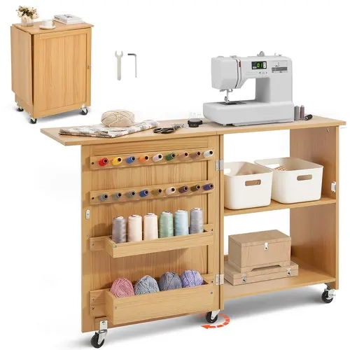 【toolupgrade】VEVOR Classic Sewing Machine Table - Foldable Wood Color, Lockable Wheels, Storage Shelves, Trays, Magnetic Door Lock, MDF/PB Boards, Portable Sewing Accessory, Residential Study Use, Shelves for Smalls, Father's Day Gift