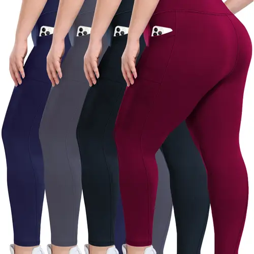 Plus Size High Waist Women's Yoga Pants 4 Pack Comfortable Sport Slim High Stretch Black Navy Burgundy Grey Breathable Leggings Fitness Tights for Sports and Fitness Activities summerwins Athletic Bottoms