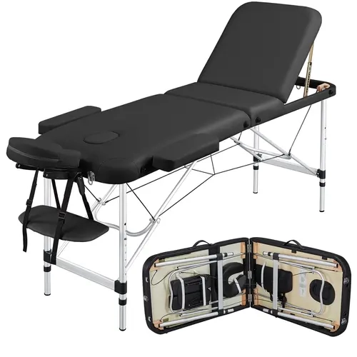 Yaheetech Sturdy Beech Wood Foldable Massage Table - Wipe-Clean Faux Leather, Soft Foam Cushions Relax You, Commercial Salon Furniture, 3-Fold Portable Spa Bed with Metal Legs & Hand Pallet, Waterproof Adjustable Relaxation Grooming Equipment, Fold To 7.3