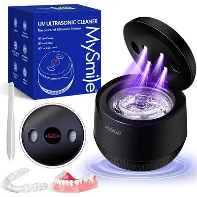 MySmile Ultrasonic Retainer Cleaner Machine, 45kHz Deep Cleansing Denture Care Tool for Aligners, Night Guards & Jewelry - Portable 200ml Stainless Steel Whitening Bath