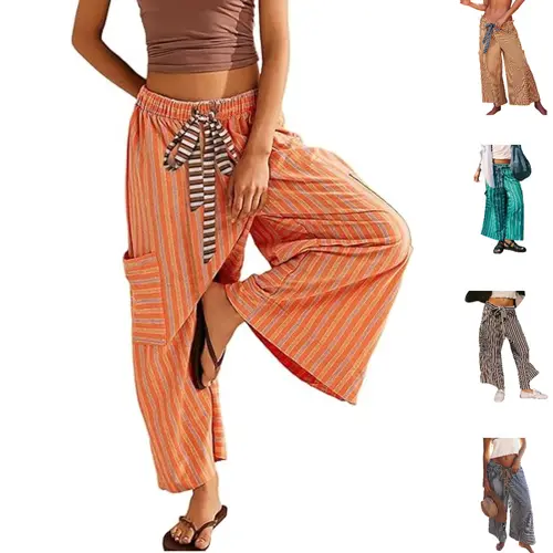 Tanming Womens Striped Drawstring Pants High Waisted Wide Leg Lounge Trousers Cargo Boho Beach with Pockets Casual Spring Summer Fall Work School Vacation Loungewear Outfits Clothing
