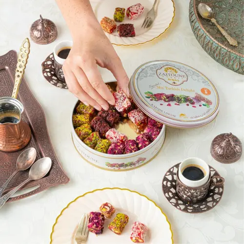 Zaitoune Authentic Turkey Lokum (Turkish Delights) 250g (8.8 oz) - 4 Assorted Flavors, Powder-Sugar Coat, Rose Aroma, Halal Chewable Fruit Sweet Candy, Pistachio & Pomegranate, Cupboard Storage Sweets Snacks for All Ages