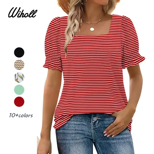 WIHOLL Women's Sexy Rayon Denim Blouse - Square Neck Ruffle Short-Sleeve Shirt, Pull-On Summer Streetwear Top, Cute