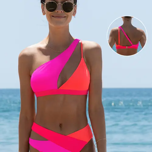 POPVIL Women's 2-Piece Bold Cutout 1-Shoulder Colorblock Bikini Set - Nylon Fashion Beachwear Swimwear, Getaway Swimsuit Bikini Set, Belly Control High-Waisted Neon Statement Swimwear for Vacation