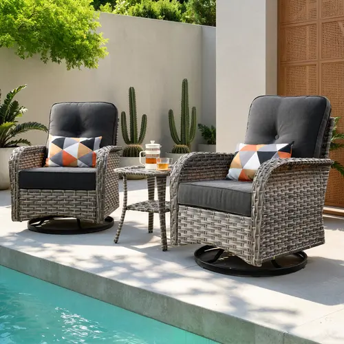 【Deals For You】OVIOS 3-Piece Outdoor Patio Furniture Set with High-Back Swivel Rocking Chairs & Side Table, All-Weather Wicker Conversation Set with Cushions for Backyard, Patio, Porch, Deck & Garden