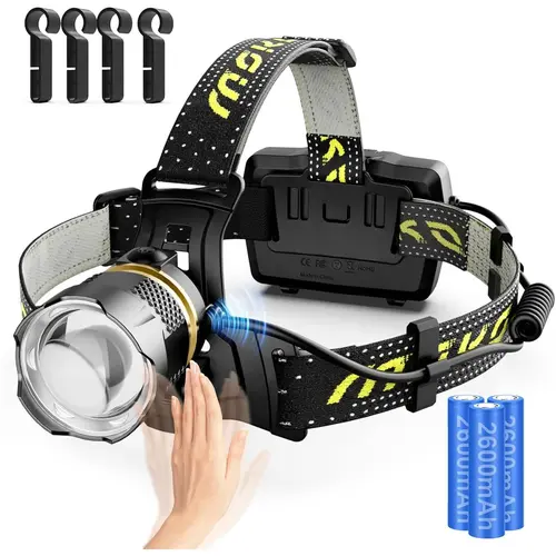 MoKo Unisex Built-in Flashlight Headlamps for Adults - 90000 Lumens High-Power Rechargeable, 2600mAh 40 Hours Long-Lasting Battery, 7 Modes, Motion Sensor, IP68 Waterproof, 90° Adjustable Zoom Lens LED, Aluminum Body, Fast Charge, Camping, Construction