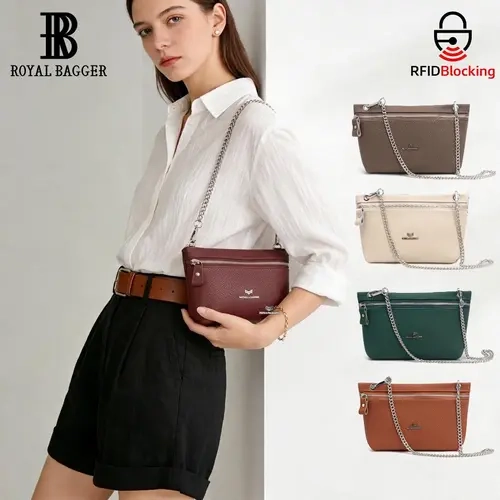 Royal Bagger Classical Women's Leather Wallet - 100% Genuine Brown Cuero, RFID-Blocking, Multi-Function, Chic, Clutch-Ready, Small Zippered Coin Pouch, Durable Elegant Daily Accessory for Casual & Formal Use