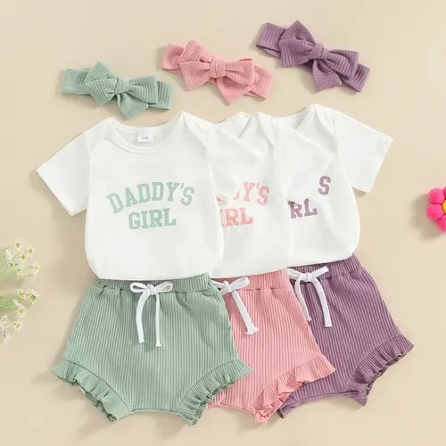 REDWOON Newborn Baby Girls Summer Outfits Daddys Girl Short Sleeve Romper Ribbed Ruffled Shorts Headband 3Pcs Clothes 0-18M