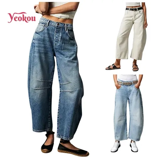 Yeokou Women's Vintage Retro Light Denim H-Type Jeans - Minimalist Preppy Work Casual Mid-Rise Baggy Boyfriend Loose-Fit Cropped Barrel Ankle Trousers with Button Pockets, New Year Outfits, Cold Wash Safe, High-Quality Bottoms