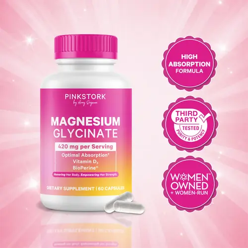 Pink Stork Magnesium Glycinate & Vitamin D for Women | Calm & Stress Support | Support Mood, Sleep, Muscle Function, and more | 420mg, 100% DV - 60 Capsules - Women-Owned Brand - Natural & Clean Supplement - Healthcare