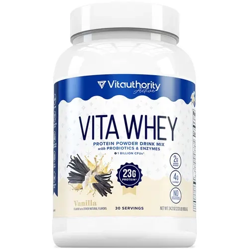 Vitauthority Vita Whey Protein 23g of high-quality whey protein with Probiotics & Enzymes - Salted Caramel, Chocolate, Vanilla Flavors