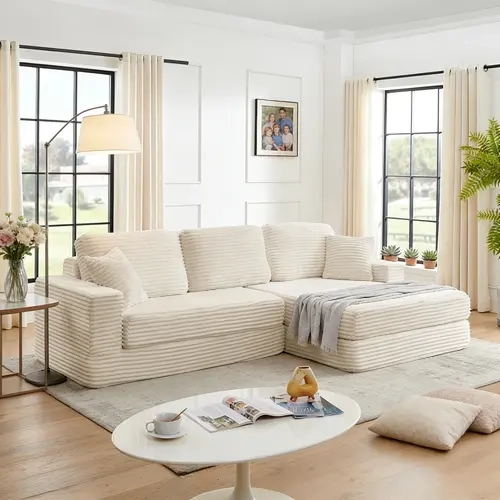 Niccae L-Shape Convertible Sofa Bed - Comfy Corduroy 2-Piece Divideable Dual-Function Minimalist Modular Sectional Couch, Space-Saving Modern L Shaped Sofas for Living Room, Queen Bed Couch with Unpack & Lounge, Family Gathering Use, 2-Package Delivery