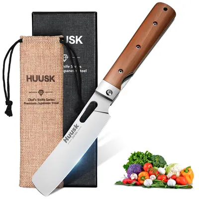 【Deals for You】Huusk Folding Nakiri Knife with 440C Stainless Steel Blade, Wood Handle, Portable Kitchen Knife for BBQ, Outdoor, Gift Box Cooking Cutting Utensils – Perfect Father's Day  Gift!,FallFreshness,Christmas Gift