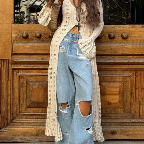 【Black Friday】Women's Plain Hollow-Out Button-Front Lightweight Cardigan, Elegant Chic Flounce-Sleeve Fitted Knitwear for Spring & Summer Daily Wear, Fashion Knit Clothing