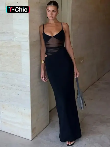 Women's Cut Out Sheer Mesh Cami Dress, Womenswear Sexy Chic Statement Sleeveless Spaghetti Strap Dress for Party Club Dating Wear, Ladies Summer Clothes, Chic Sheer Gown