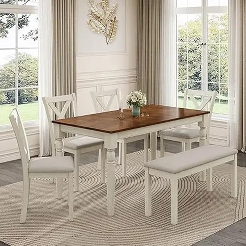 【Ships in 2 Boxes】VanAcc 6-Piece 60"/71" Solid Wood Dining Table Set, Large Dining Table with 4 Upholstered Chairs & 1 Long Bench, for Dining Room,Best Gift Ideas/Christmas Gifts #TikTokShopFallDealsForYou