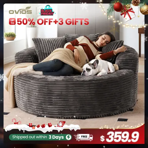 【Deals For You】OVIOS 59" Oversized Round Sofa Bed, Plush Corduroy Bean Bag Lounge Chair with Deep Seat, Cloud Sleeper Couch with 3 Pillows, Comfy Floor Sofa for Living Room, Bedroom & Apartment, No Assembly Required