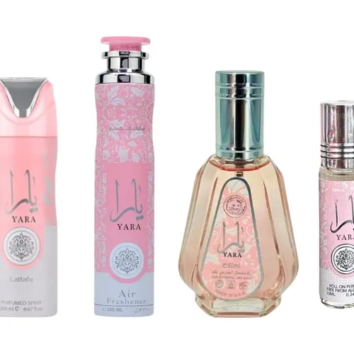 (4pc Bundle Pack) 10oz Yara Air Freshener + 1.7oz Yara EDP + 200ml Yara Body Spray + 10ml Yara Roll-On Oil by Lattafa