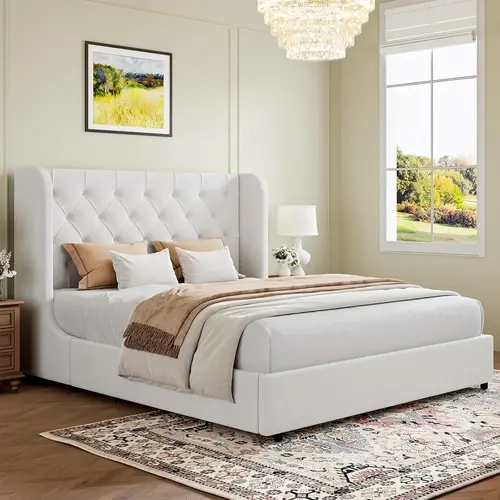 HOMBCK Modern Upholstered Bed Frame - Wingback Tufted Headboard, Curved Velvet Wings, Sturdy Platform Bed with Solid Wood Slats Support, Durable, Noise-Free, Easy Assembly Required, No Mattress/Box Spring Needed (Queen Size)