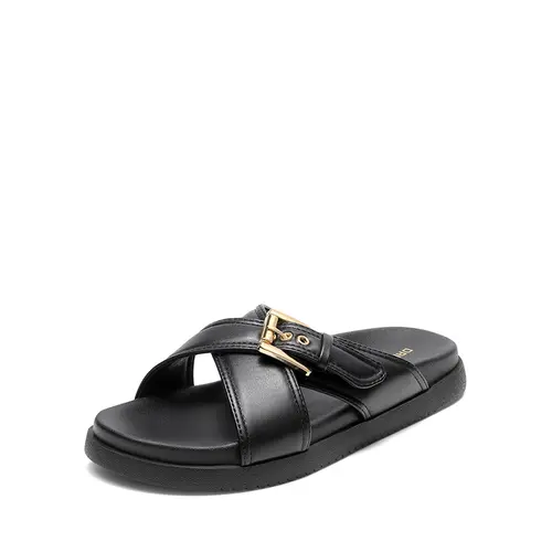 DREAM PAIRS Women's Black PU Strap Sandals - Luxurious Gold Buckle, Soft Bottom, Chic Design for Summer Casual Walking, Comfortable Women's Black Sandals, Soft Bottom Sandals
