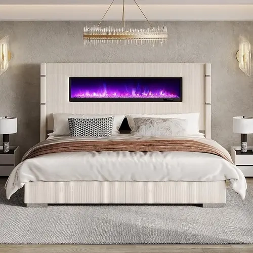 [Ships in 2 Boxes] VanAcc Modern Bed Frame with Electric Fireplace, Wingback Platform Bed Frame with 60.4“ Extra Tall Headboard, Corduroy Upholstered Bed Frame, Wooden Slats, No Box Spring Needed, Adjustable Color, Remote Control #TikTokShopFallDealsForYo