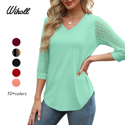 WIHOLL 3/4 Length Sleeve Womens Tops V-Neck Lace Tunic Tops Business Casual Blouses 2026 Elegant Womenswear