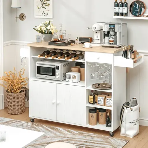 IRONCK Adjustable Classic Drop-Leaf Rolling Kitchen Island Serving Cart - Quiet Rubber Wheels, 26.8" Fold-Out Top, Drawer, Wine Rack, Microwave Stand, Shelves, Built-In Spice Rack, Cup Hanger for Fold-Out Dining & Kitchen Design