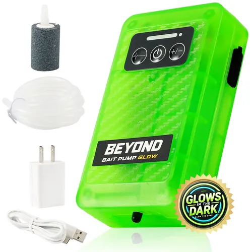 Beyond Bait USB Rechargeable Pump - Fish Tank Aerator, 4-Speed Dial, 36H Runtime/36-Hour Battery Life, XL Air Stone, XL Bottom Coverage, Water-Resistant, Glow-in-the-Dark Design, Portable (Charging Block Included)