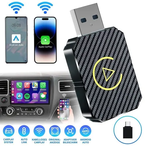 【TechVibes】2-in-1 Carplay & Android Auto Wireless Adapter - Wired to Wireless Converter Dongle with 5.8 GHz, 2.4 GHz Bluetooth, Carplay Dongle Connectivity, Steering Wheel Control for Car Stereo, Plug & Play iOS/Android Receiver