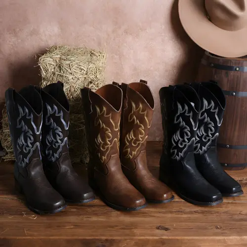 IUV Cowboy Boots For Women Square Toe Cowgirl Boots Mid Calf Western Boots Pull On Fashion Cowboy Boots