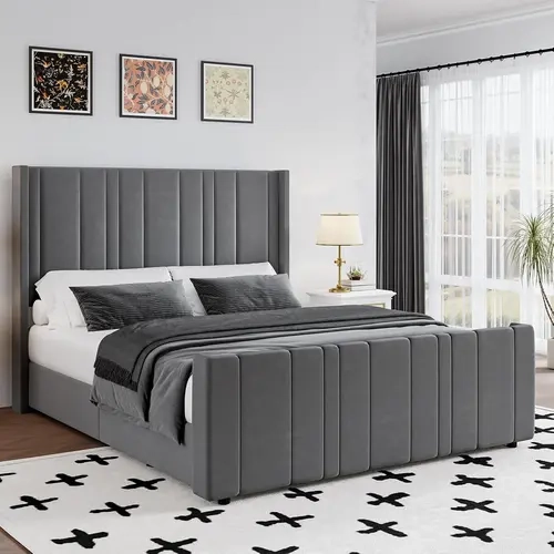HOMBCK Premium Velvet Upholstered Modern Platform Bed Frame, Queen Size, 47.3in Vertical Channel Tufted Headboard, 21.7" Tufted Footboard, Noise-Free, No Mattress/Box Spring Needed, Comfy Rest, Easy Assembly Required, Indoor Bedroom Furniture