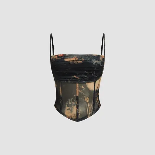 Cider [size 0-10] Mesh Abstract Ruched Corset Crop Cami Top
