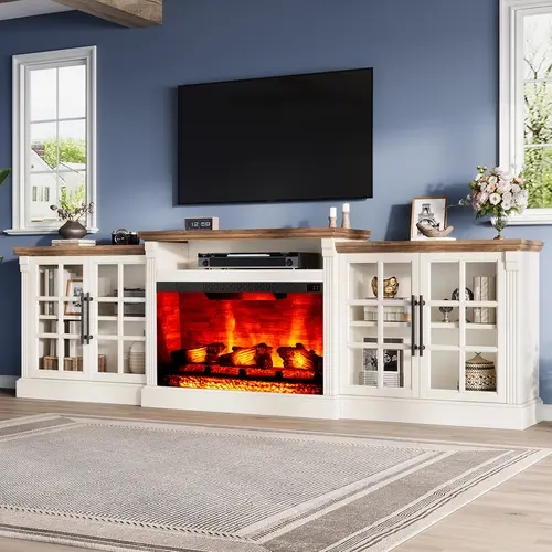 [Ships in Multiple Boxes] AMERLIFE 70"/97" Farmhouse Fireplace TV Stand, Entertainment Center with Large Storage Space and Adjustable Shelf, Media Console for Living Room/Best Gift Ideas/Christmas Gifts[TikTokShopFallDealsForYou]