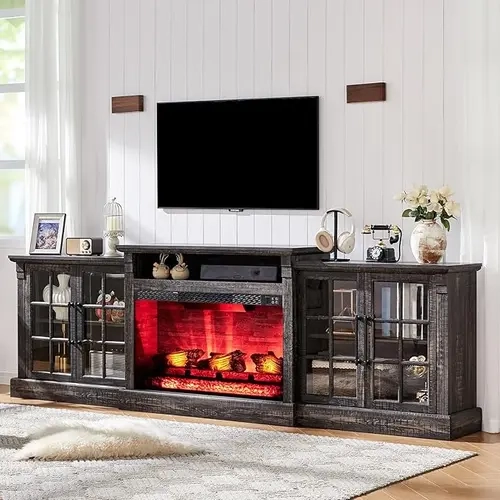 [Ships in 2 Boxes] Amerlife 70"/97" Farmhouse TV Cabinet - Fireplace TV Stand, Indoor Entertainment Center with Large Storage Space and Adjustable Shelf for Living Room, Fireplace TV Stands, Wooden Tv Stand #TikTokShopFallDealsForYou