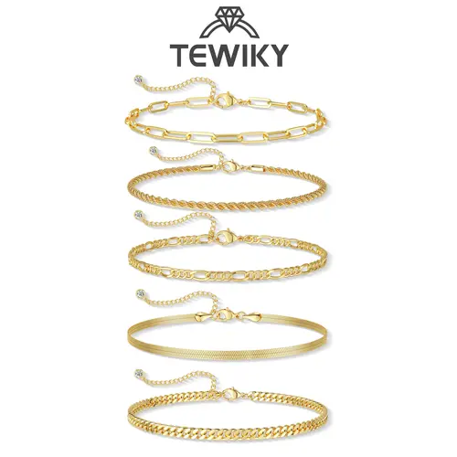 Tewiky Women's Stackable Cuban Link & Paperclip Bangles Bracelets Set - Waterproof, Thin Dainty Bling, Casual Arm Candy Accessories, 2.5in Extender, Charming Gift Box for Maximalist Enthusiasts