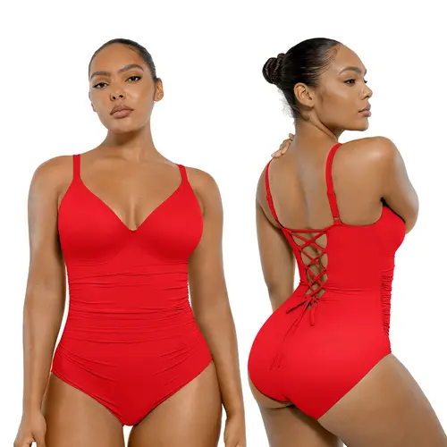 Shapellx Women's V-Neck Body Con Fitted 1-Piece Swimsuit Beachwear, Back Drawstring Triangle-Cut Bottom, Customizable Shoulder Band, Removable Pads Stretchy Fabric Swimdresses