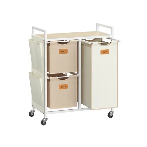 SONGMICS Oxford 150L Wheeled Laundry Sorter Baskets, Large-Capacity Compartmentalized Hamper with 2 Lockable Wheels Stay Put, Rolling Cart with Shelves, 6 Labels, Small Side Pockets, Laundry Room Organizer, 38.8x13x31.7"