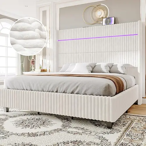 AMERLIFE Modern LED Bed Frame with Charging Station, Corduroy Upholstered Platform Bed with 60" Tall Wingback Headboard/No Box Spring Needed/Luxury Furniture Home Design/Queen/King Size/Best Gift Ideas/Christmas Gifts[TikTokShopFallDealsForYou]